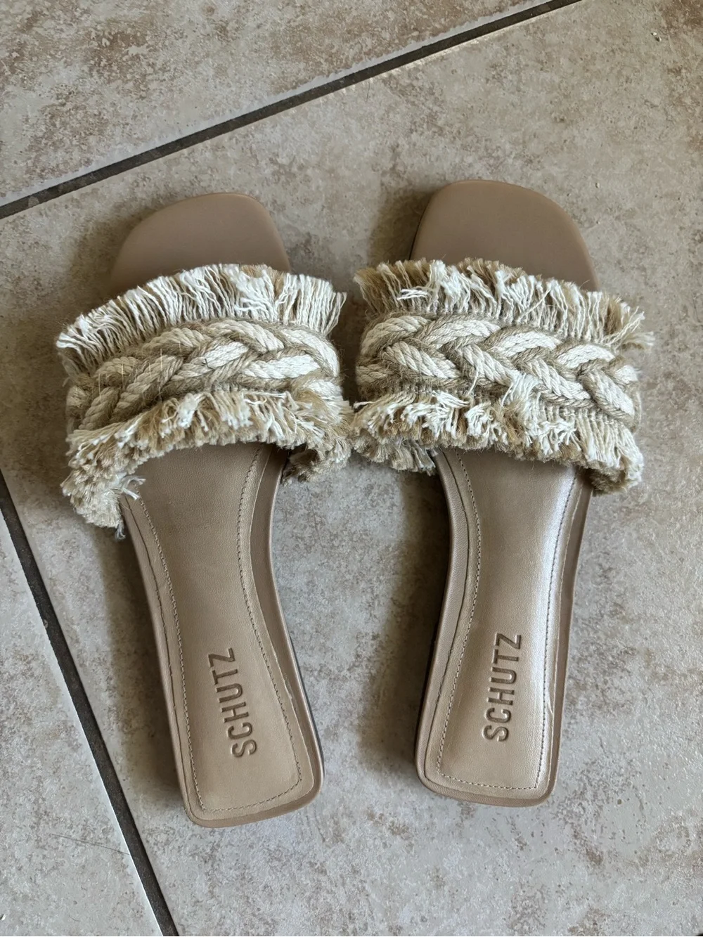 SCHUTZ Beige Braided Fringe Sandals